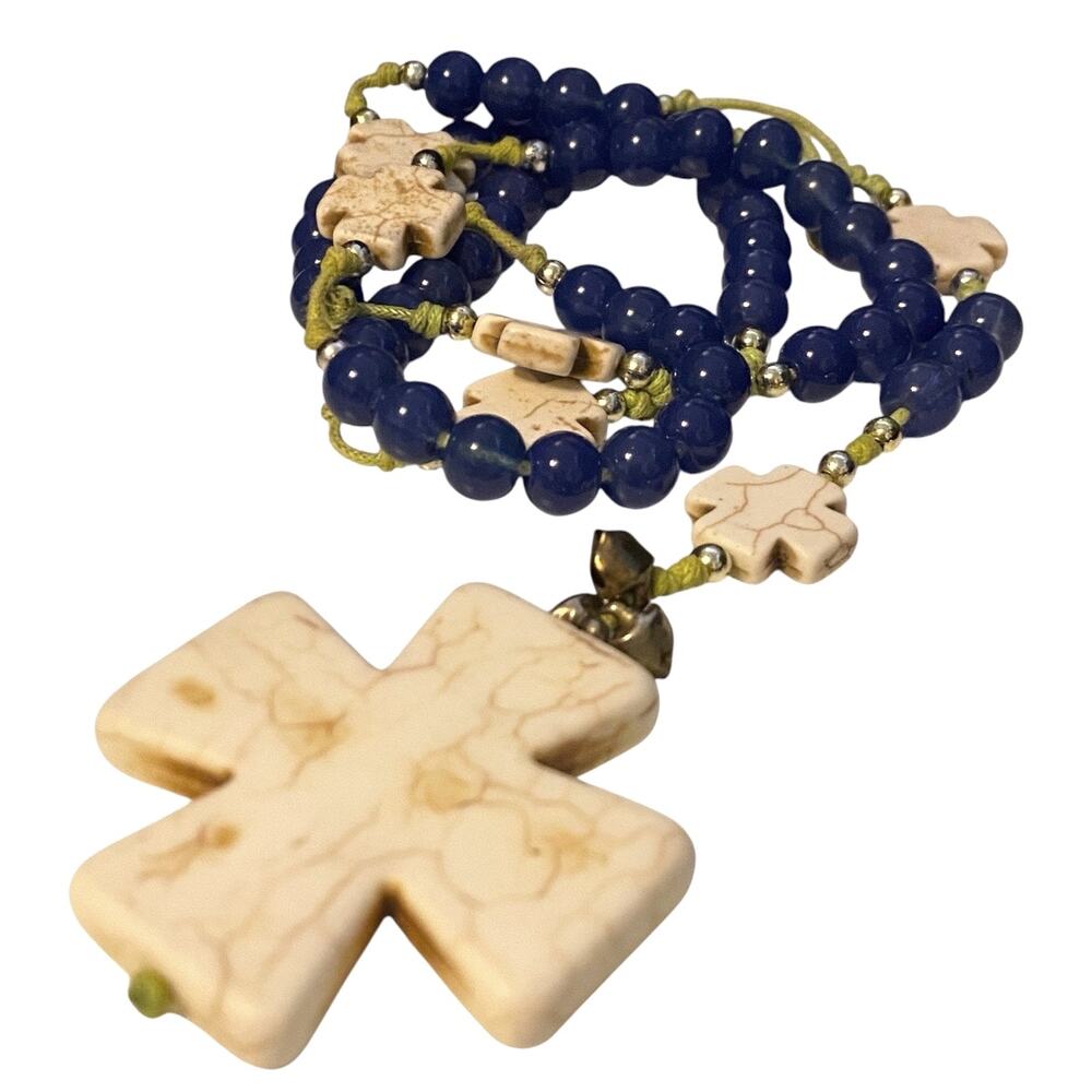 St. Benedict Handcrafted Natural Gemstone Crosses Catholic Rosary w/ Blue Beads